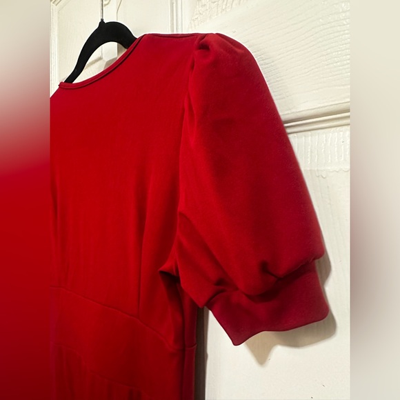 Long Red Dress With Sewn On Pearls and Puffed Sleeves - Picture 13 of 13